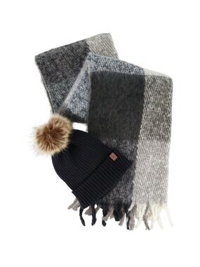 Lucky Brand Hat and Scarf Set Black Ribbed Beanie W/Faux Fur Pom & Plaid Scarf